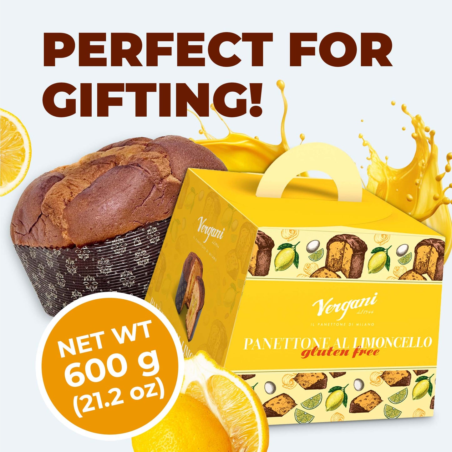 Vergani Limoncello Gluten-Free Panettone, 21.2 oz (600g) - Italian Holiday Cake