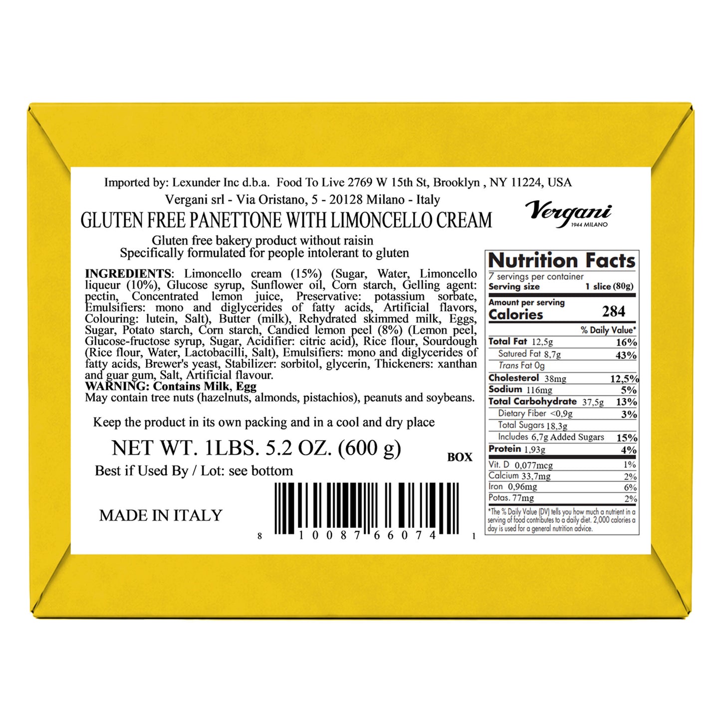 Vergani Limoncello Gluten-Free Panettone, 21.2 oz (600g) - Italian Holiday Cake