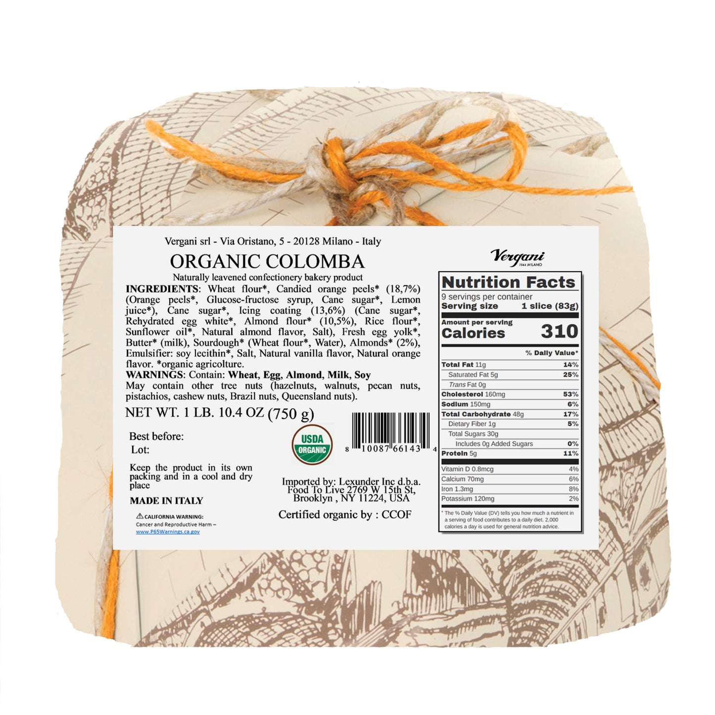 Vergani Organic Colomba – Traditional Italian Holiday Bread Cake with Candied Orange Peel Filling