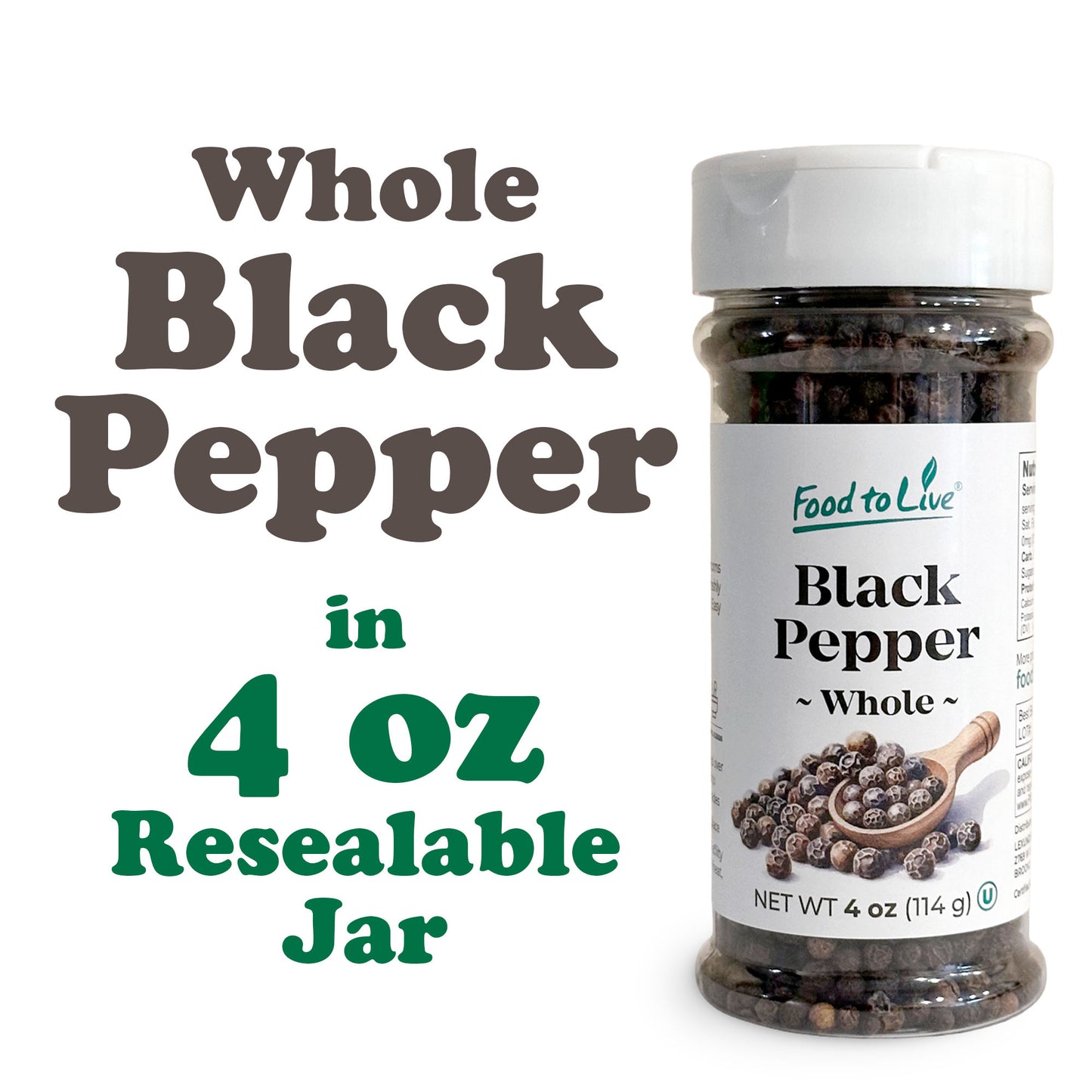 Whole Black Pepper, 4 oz – Kosher, Vegan – by Food to Live