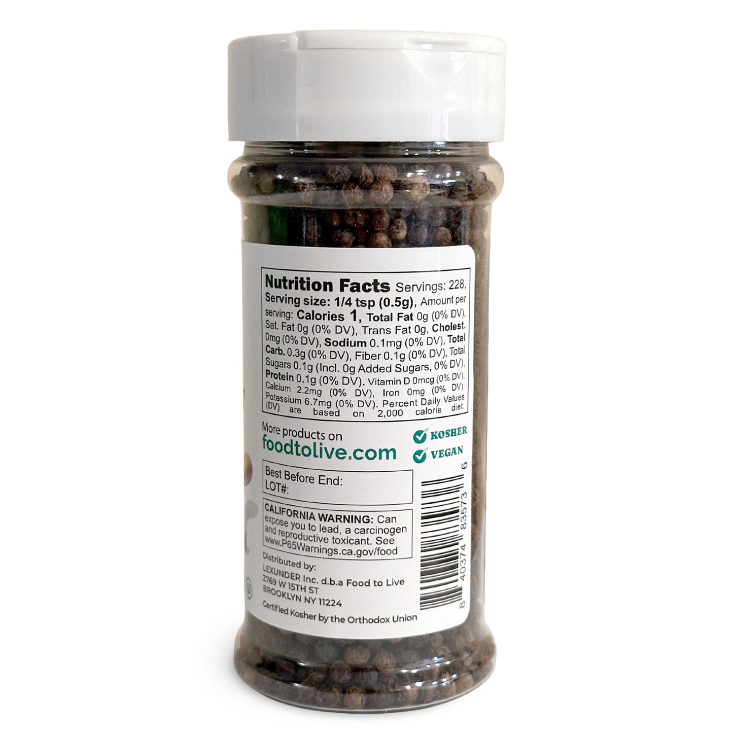 Whole Black Pepper, 4 oz – Kosher, Vegan – by Food to Live