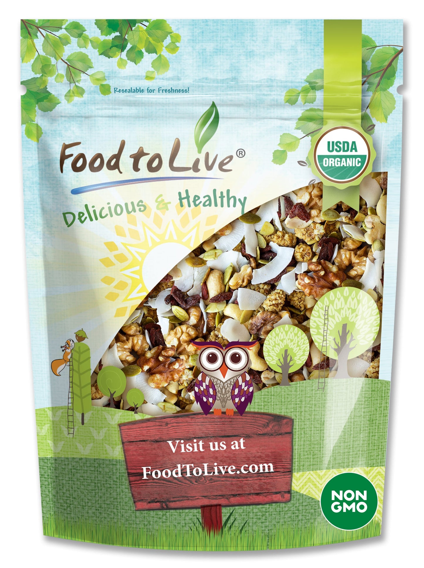 Organic Variety Trail Mix — Raw, Non-GMO Goji Berries, Coconut Chips, Mulberries, Cashews, Walnuts, Pumpkin Seeds. Kosher - by Food to Live