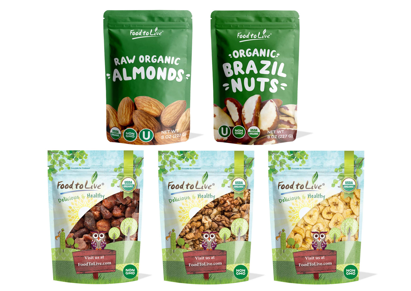 Organic Gift Box for Food Lovers - Dried Strawberries, Raw Almonds, Brazil Nuts, Walnuts and Banana Chips - by Food to Live