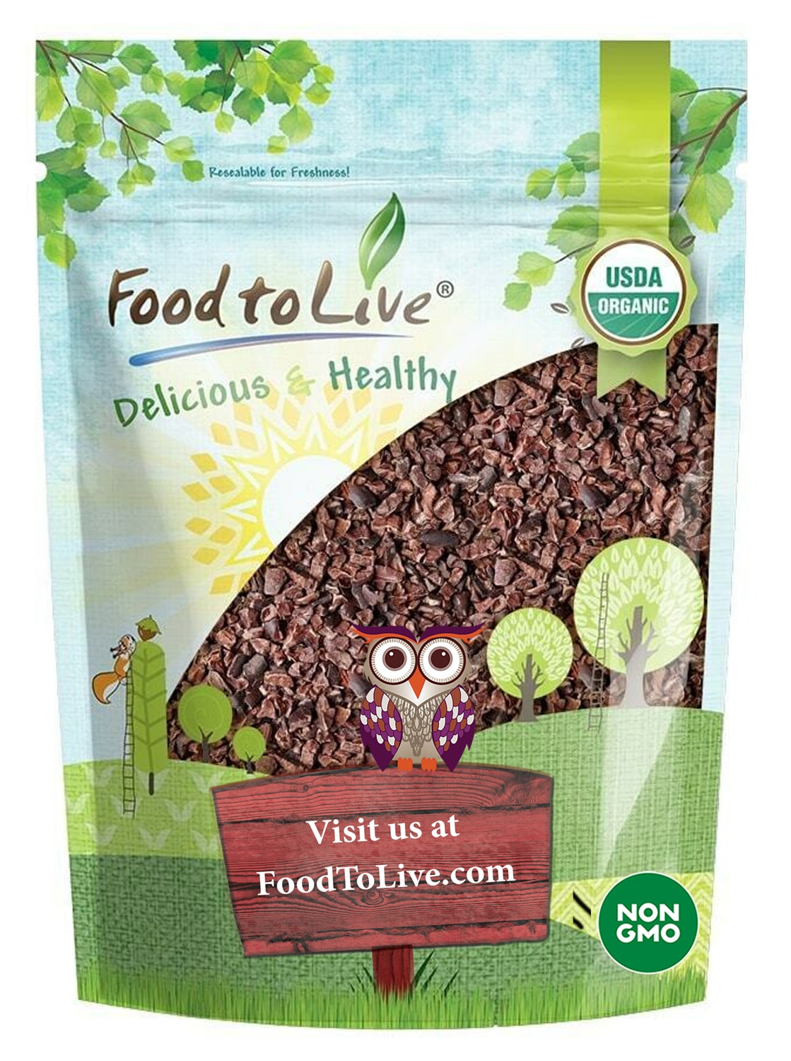 Organic Cacao Nibs - Unsweetened, Non-GMO, Kosher, Raw, Vegan, Sirtfood, Bulk - by Food to Live