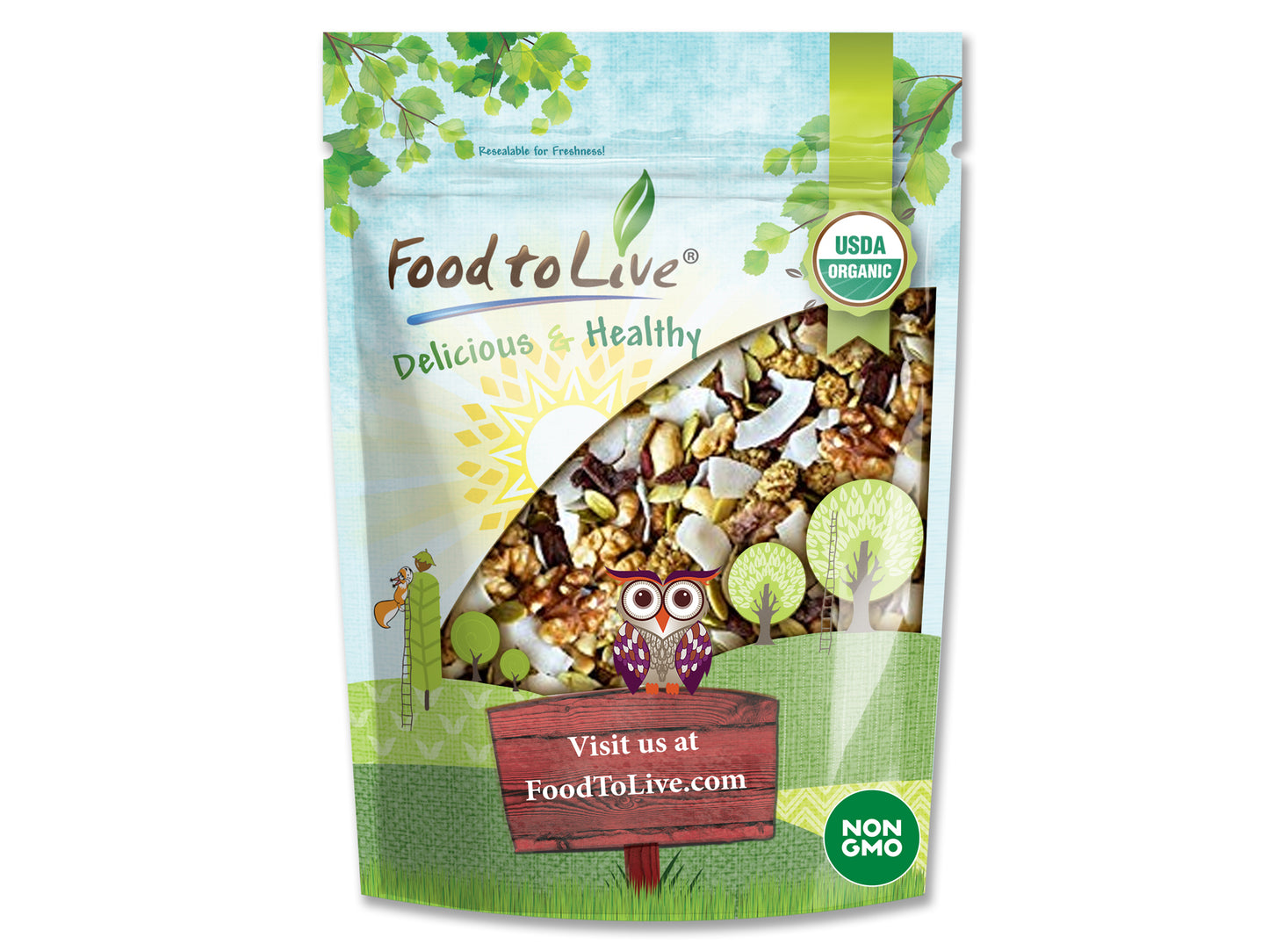 Organic Variety Trail Mix — Raw, Non-GMO Goji Berries, Coconut Chips, Mulberries, Cashews, Walnuts, Pumpkin Seeds. Kosher - by Food to Live