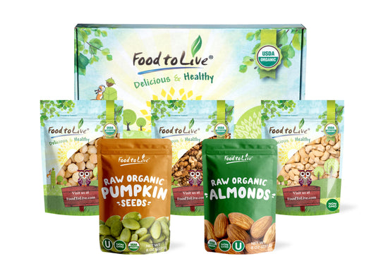 Organic Healthy Nuts & Seeds in a Gift Box - A Variety Pack of Almonds, Walnuts, Cashews, Macadamia Nuts and Pumpkin Seeds -by Food to Live