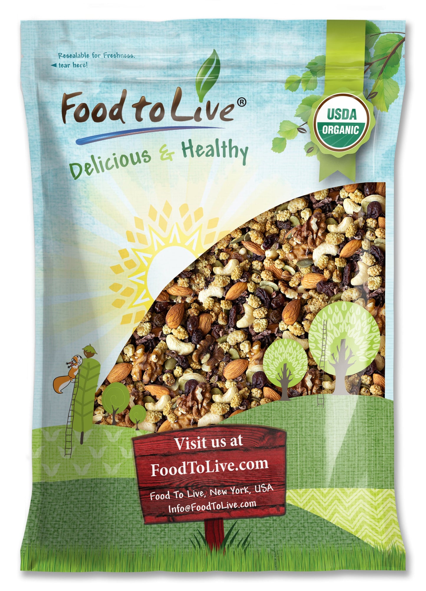 Organic Snack Wise Trail Mix — Non-GMO, Cacao Nibs, Raisins, Almonds, Cashews, Walnuts, Mulberries, Pumpkin Seeds. Kosher - by Food to Live