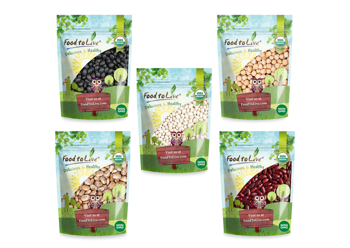 Organic Beans in a Gift Box - A Variety Pack of Pinto Beans, Dark Red Kidney Beans, Black Beans, Navy Beans, Garbanzo Beans-by Food to Live