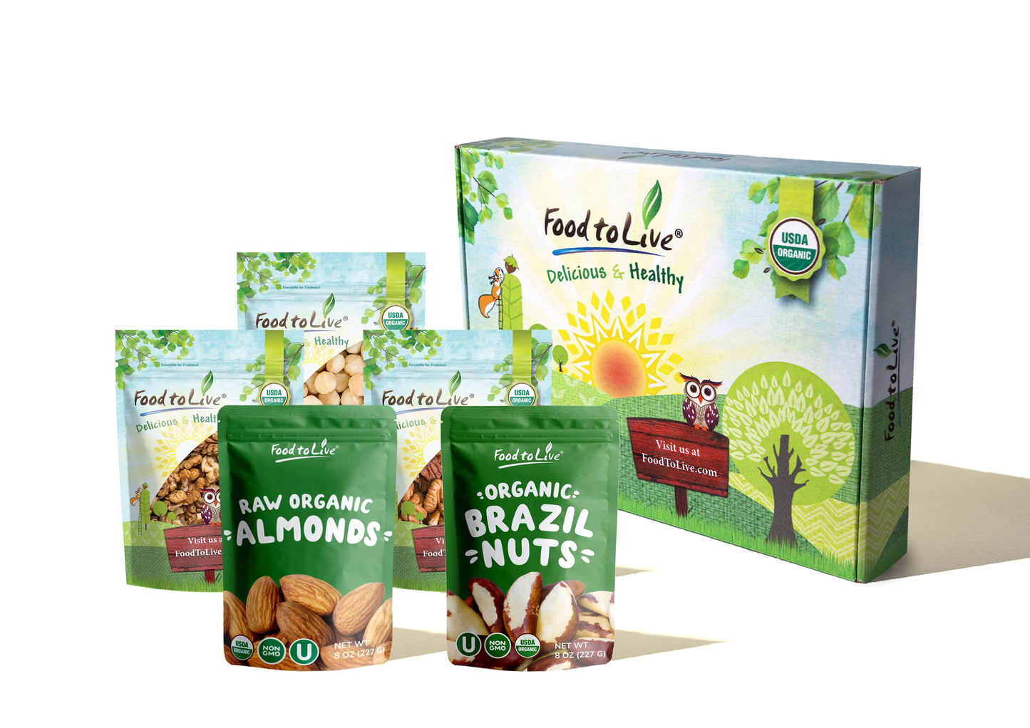 Organic Heart Healthy Nuts in a Gift Box - A Variety Pack of Pecans, Macadamia Nuts, Almonds, Walnuts and Brazil Nuts - by Food to Live