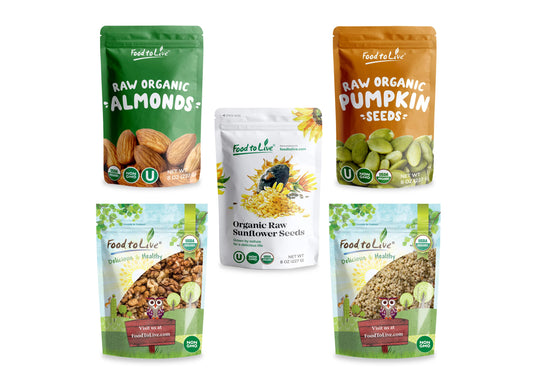 Organic Nuts & Seeds in a Gift Box - A Variety Pack of Almonds, Walnuts, Sunflower Seeds, Pumpkin Seeds, and Hemp Seeds - by Food to Live