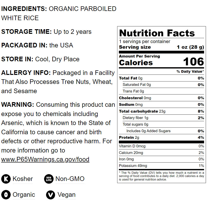 Organic Parboiled Long Grain White Rice - Non-GMO, Kosher, Vegan, Dried. Partially Precooked Converted Rice,Easy-cook Rice - by Food to Live