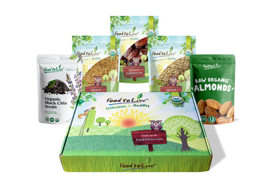 Organic Nuts, Seeds and Fruits in a Gift Box - Almonds, Chinese Hemp Seeds, Medjool Dates, Chia Seeds, Golden Flax Seeds - by Food to Live