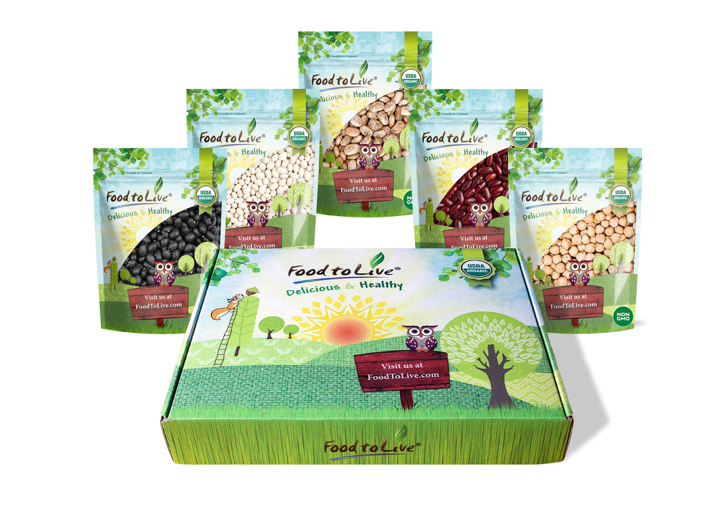 Organic Beans in a Gift Box - A Variety Pack of Pinto Beans, Dark Red Kidney Beans, Black Beans, Navy Beans, Garbanzo Beans-by Food to Live