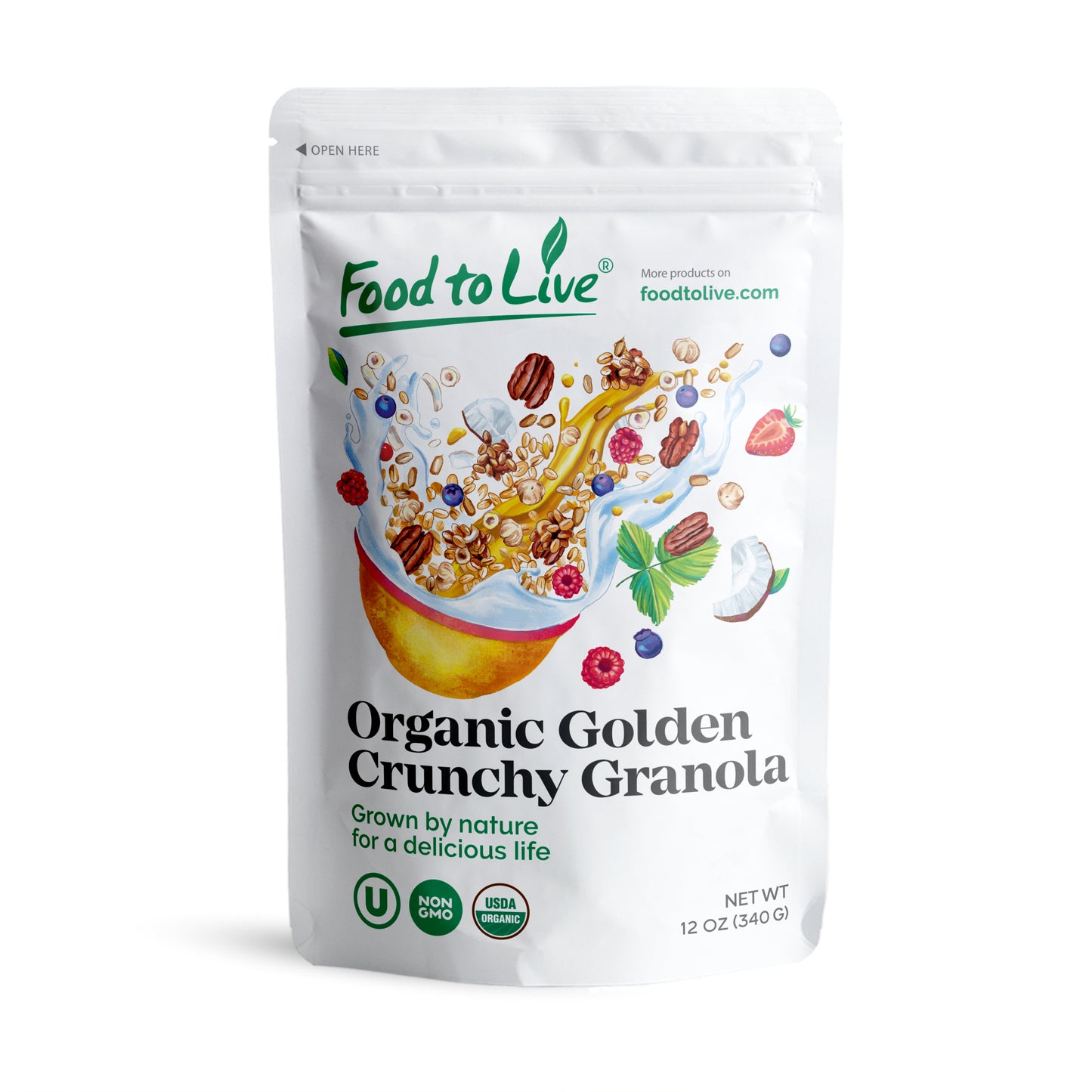 Organic Golden Crunchy Granola - Non-GMO, Kosher, Contains Hazelnuts, Pecan Nuts, Almonds, Coconut, Flax, Sunflower Seeds - by Food to Live