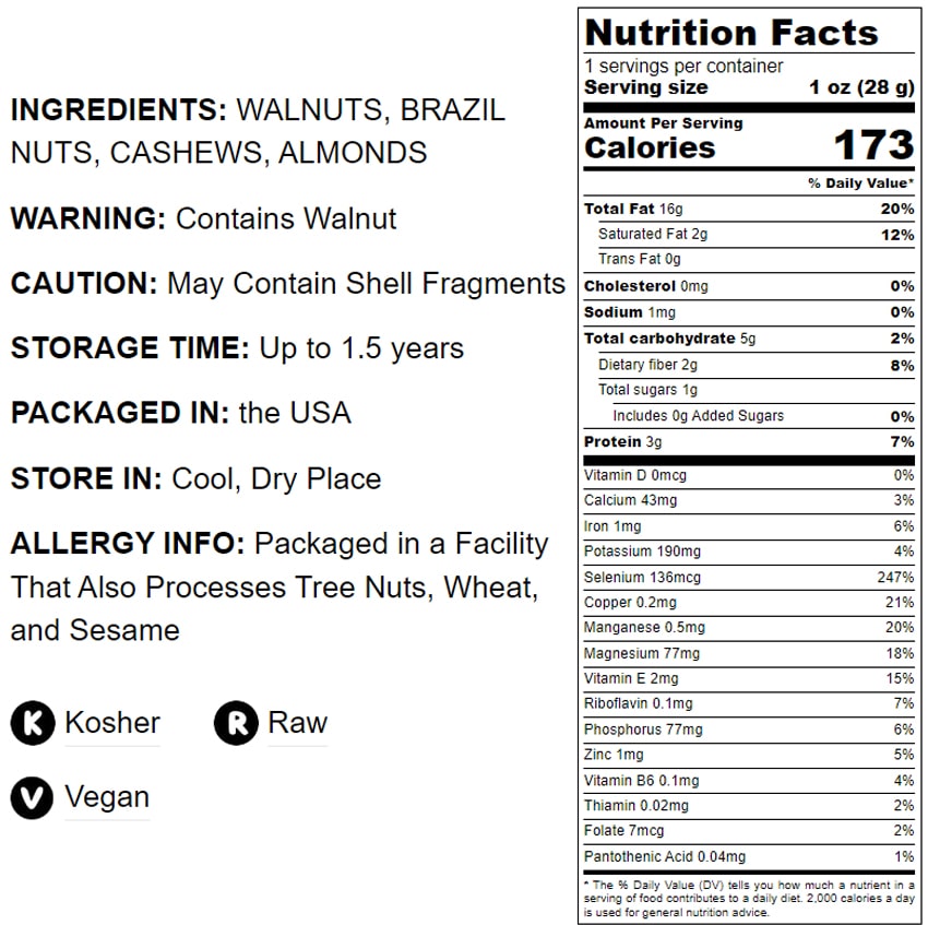 Mixed Raw Nuts - Cashews, Brazil Nuts, Walnuts, Almonds, Unsalted, Bulk - by Food to Live