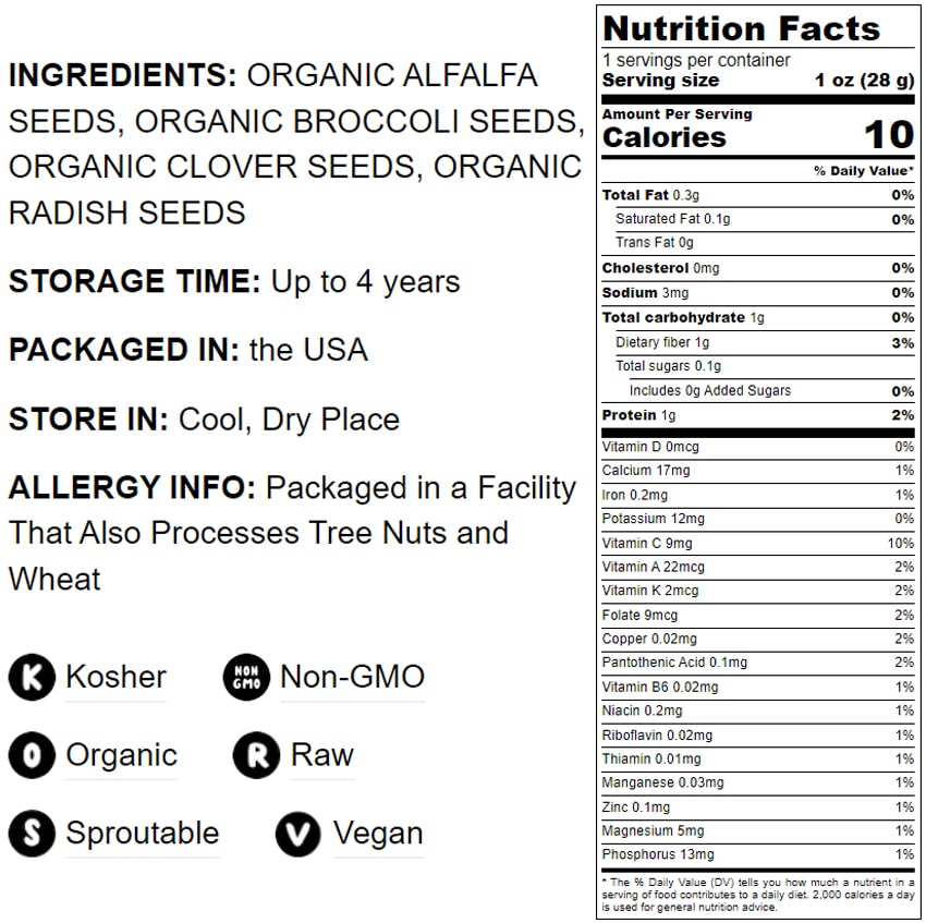 Organic Salad Mix of Sprouting Seeds — Non-GMO Broccoli, Radish, Clover, Alfalfa. Rich Germination Rate, Kosher, Vegan, Bulk - by Food to Live