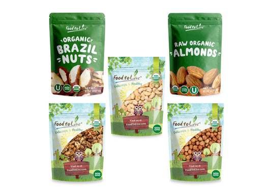 Organic Raw Nuts in a Gift Box - A Variety Pack of Almonds, Cashews, Brazil Nuts, Hazelnuts, and Walnuts - by Food to Live