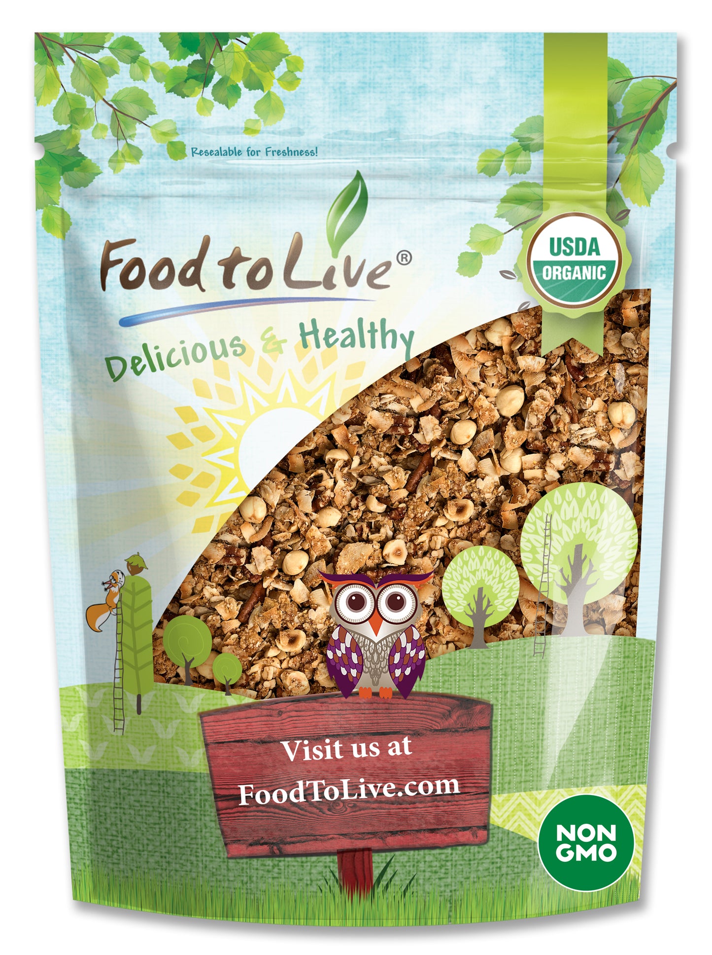 Organic Golden Crunchy Granola - Non-GMO, Kosher, Contains Hazelnuts, Pecan Nuts, Almonds, Coconut, Flax, Sunflower Seeds - by Food to Live