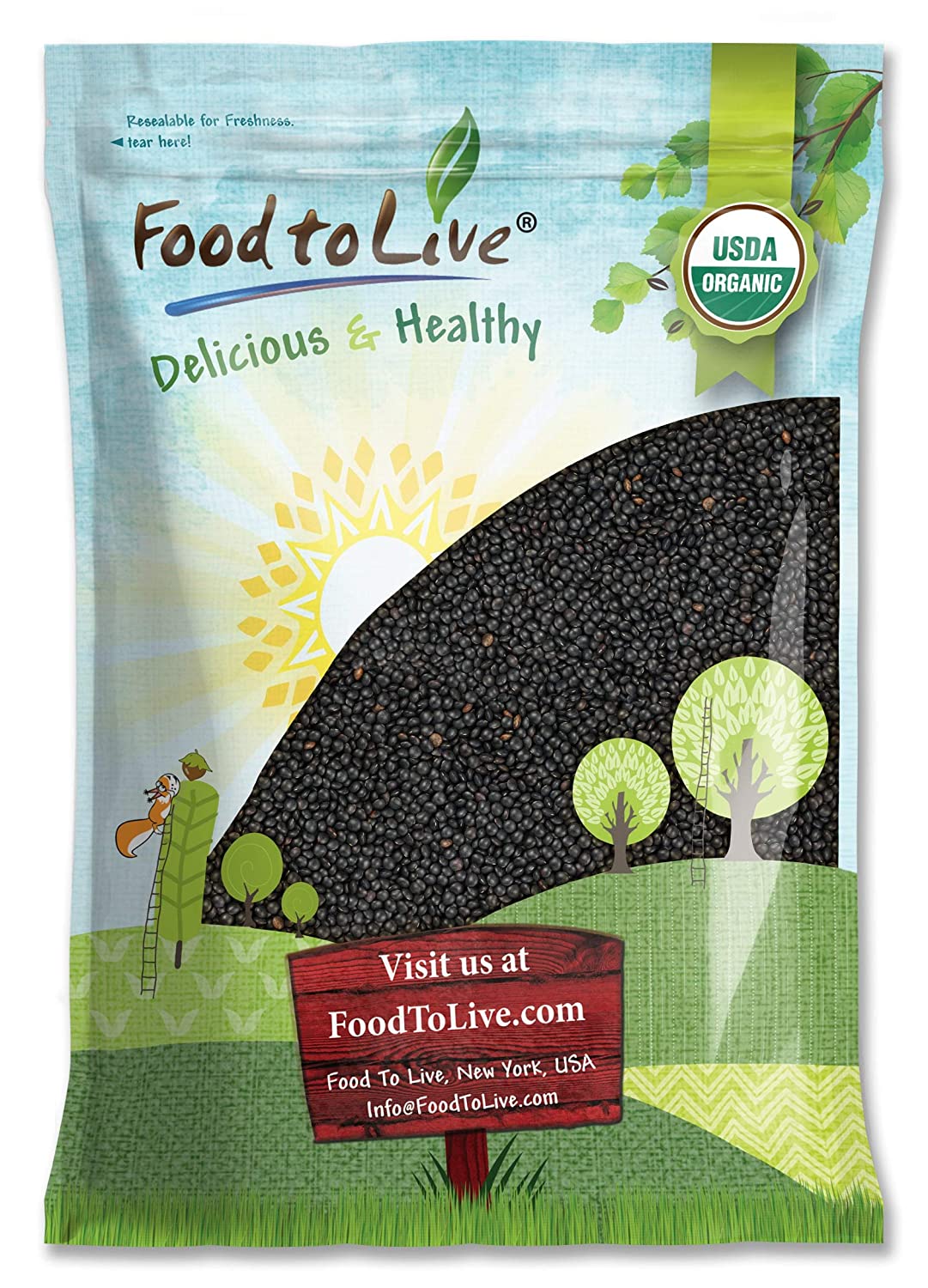 Organic Black Lentils - Non-GMO, Whole Dry Pulses, Raw, Sproutable, Kosher, Vegan, Bulk Legumes, Black Masoor Daal - by Food to Live