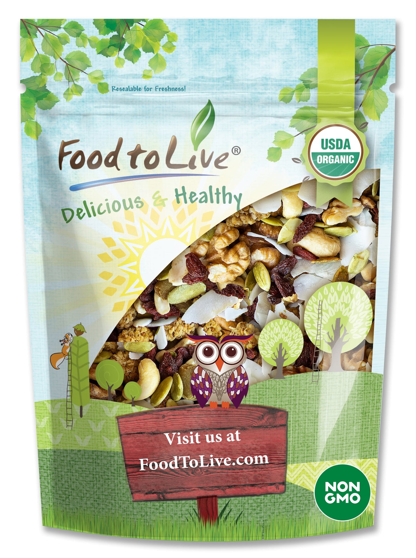 Organic Variety Trail Mix — Raw, Non-GMO Goji Berries, Coconut Chips, Mulberries, Cashews, Walnuts, Pumpkin Seeds. Kosher - by Food to Live