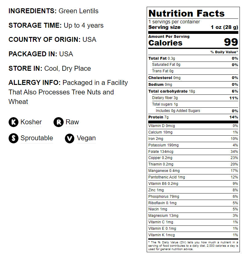 Green Lentil Whole — Non-GMO Verified, Kosher, Bulk - by Food to Live