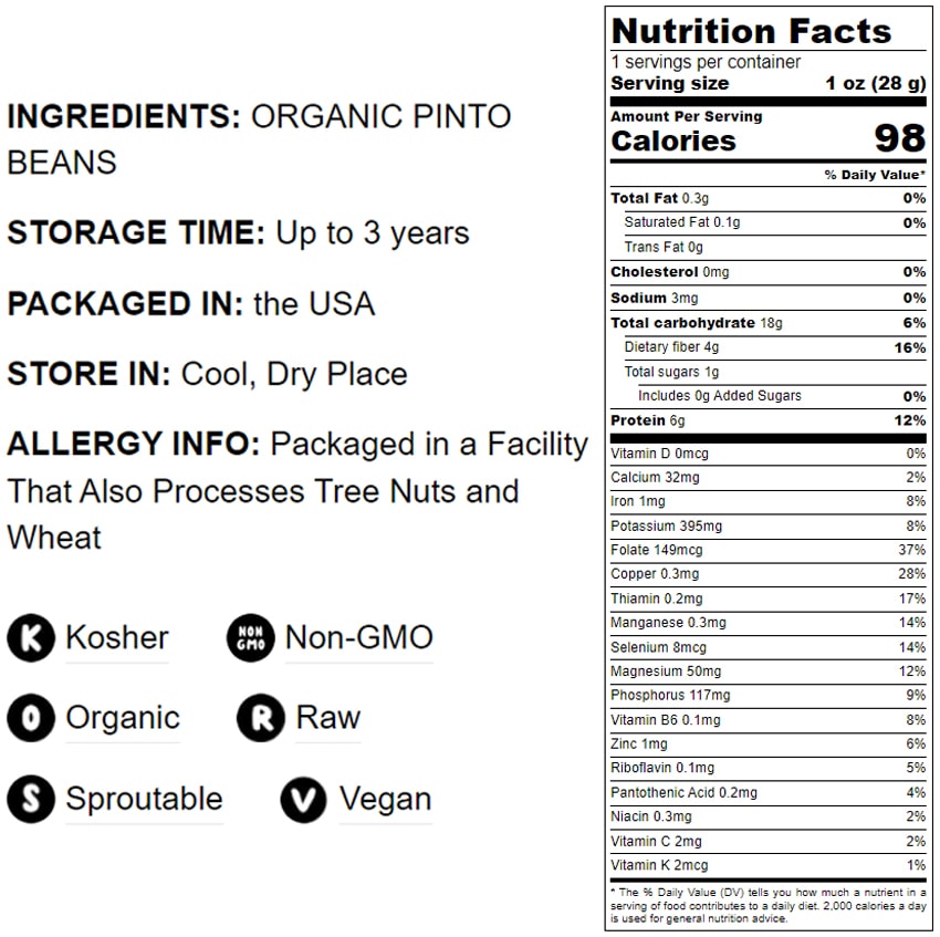 Organic Pinto Beans - Non-GMO, Kosher, Bulk - by Food to Live