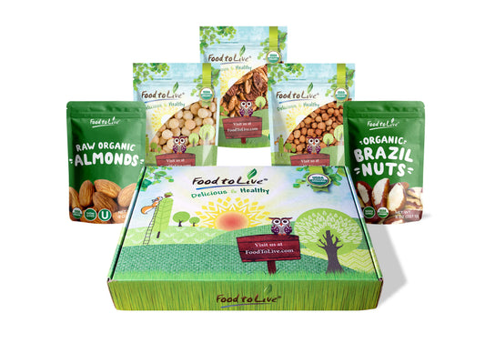 Organic Supreme Nuts in a Gift Box - A Variety Pack of Pecans, Macadamia Nuts, Almonds, Hazelnuts and Brazil Nuts - by Food to Live