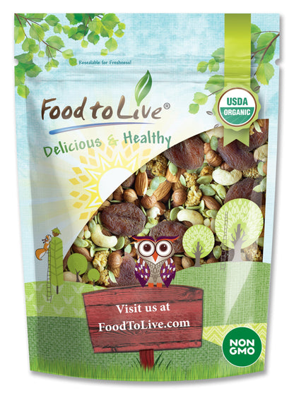 Organic 6-Forces Trail Mix — Raw and Non-GMO Snack Mix Contains Mulberries, Cashews, Pumpkin Seeds, Apricots, Hazelnuts, Almonds. Vegan Superfood, Kosher, No Added Sugar, Bulk - by Food to Live