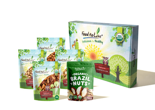 Organic Delicious Nuts in a Gift Box - Pecans, Hazelnuts, Brazil Nuts, Macadamia Nuts, and Roasted & Salted Pistachios - by Food to Live