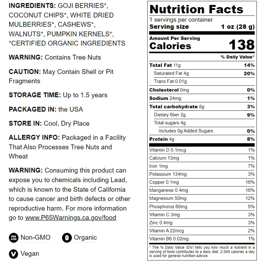 Organic Variety Trail Mix — Raw, Non-GMO Goji Berries, Coconut Chips, Mulberries, Cashews, Walnuts, Pumpkin Seeds. Kosher - by Food to Live