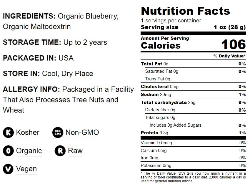 Organic Blueberry Powder - Non-GMO, Unsulfured, Raw, Vegan, Bulk, Great for Juices, Smoothies, and Instant Breakfast Drinks, Contains Maltodextrin, No Sulphites - by Food to Live