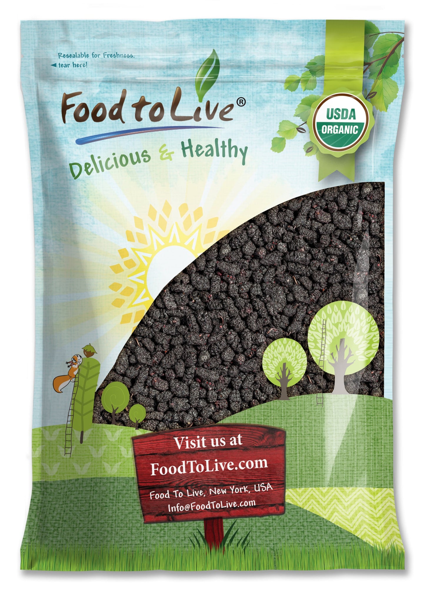 Organic Dried Black Mulberries - Non-GMO, Raw Fruit, Unsulfured, Unsweetened, Vegan, Bulk. Great for Snacking, Desserts, and Granola