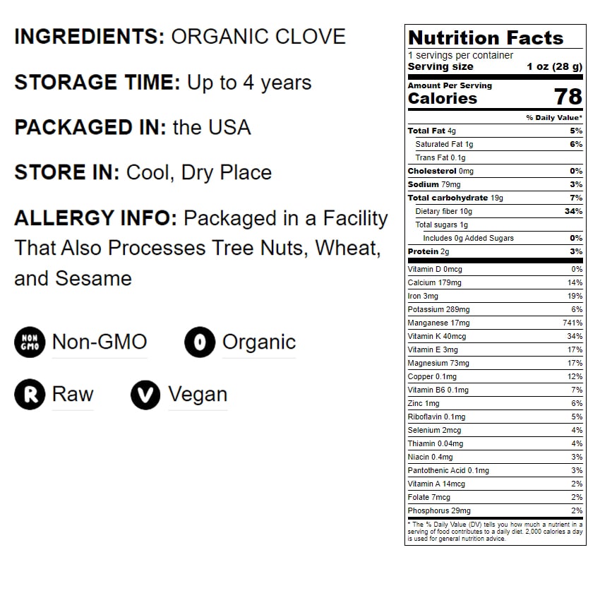 Organic Cloves - Whole, Non-GMO, Raw, Vegan, Bulk - by Food to Live