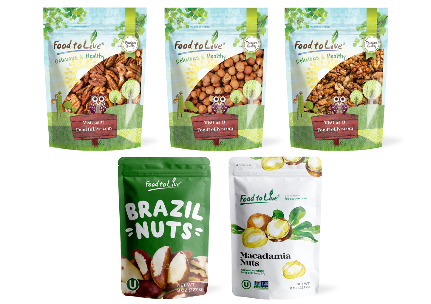 Keto Raw Nuts in a Gift Box - Pecans, Brazil Nuts, Macadamia Nuts, Walnuts, Hazelnuts - by Food to Live