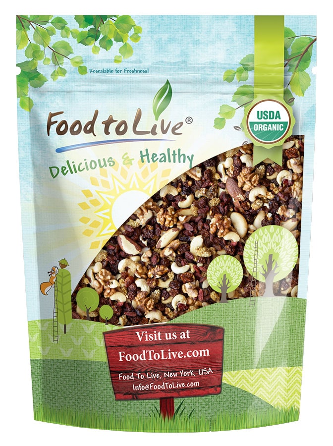 Organic Raw Super Nuts and Berries Trail Mix — Cashews,Walnuts,Brazil Nuts,Raisins,Mulberries,Golden Berries,Goji Berries - by Food to Live