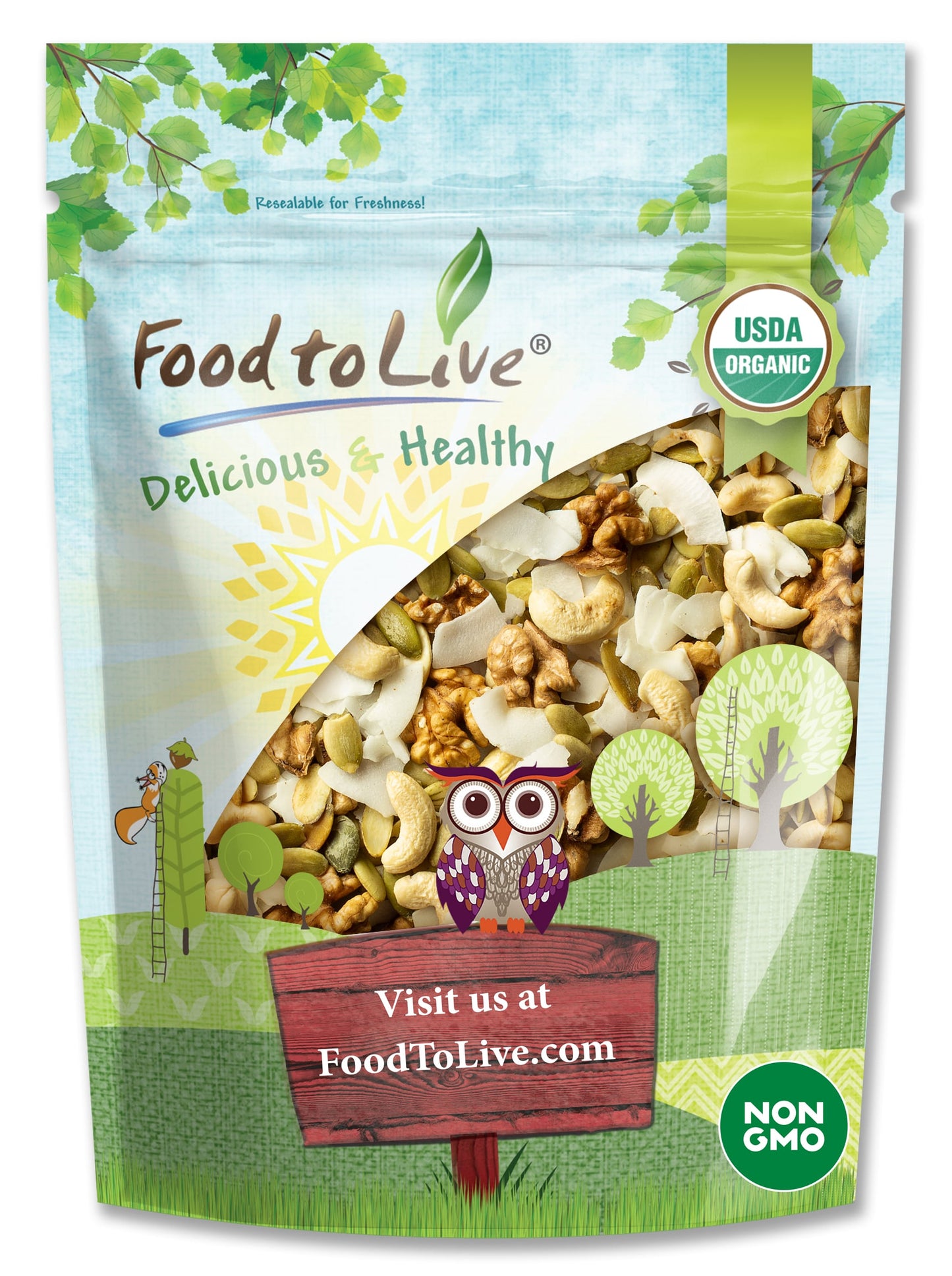 Organic Coconut and Friends Trail Mix — Raw, Non-GMO, Coconut Chips, Cashews, Pumpkin Seeds, Walnuts. Vegan, Kosher - by Food to Live