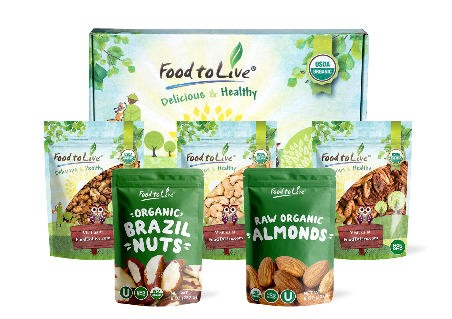 Organic Energy Nuts in a Gift Box - A Variety Pack of Pecans, Brazil Nuts, Cashews, Walnuts and Almonds - by Food to Live