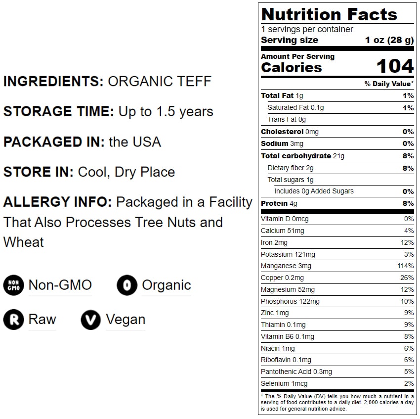 Organic Teff - Non-GMO, Vegan, Bulk - by Food to Live