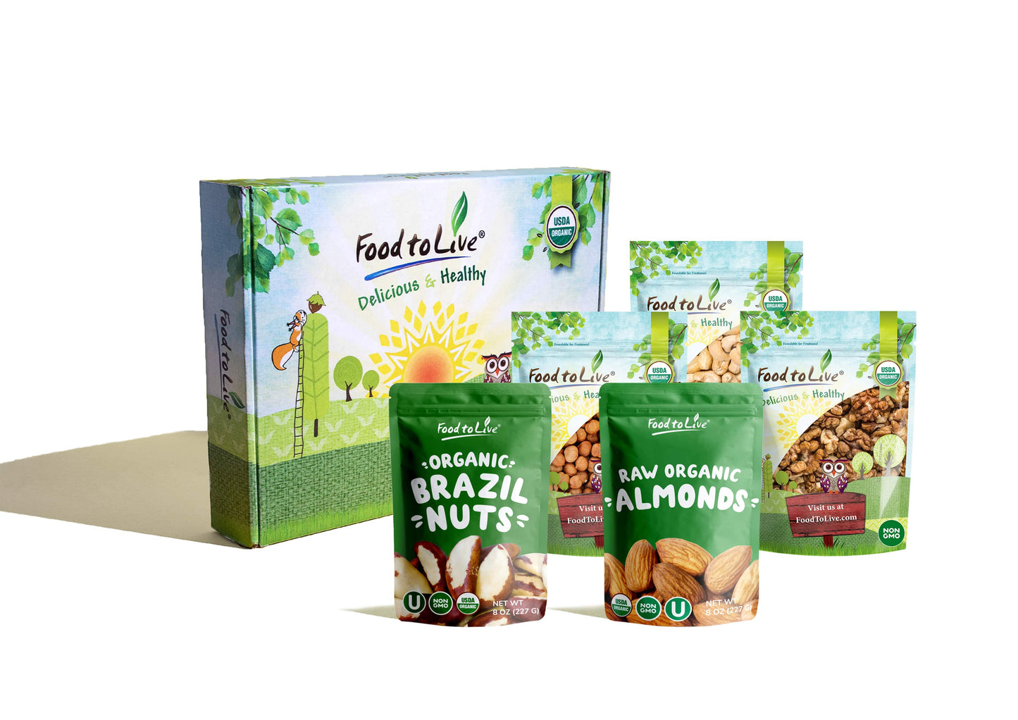 Organic Raw Nuts in a Gift Box - A Variety Pack of Almonds, Cashews, Brazil Nuts, Hazelnuts, and Walnuts - by Food to Live