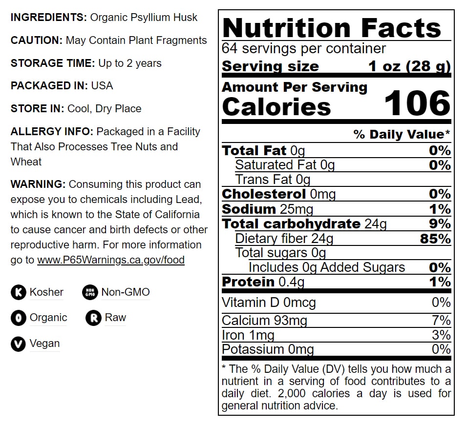 Organic Whole Psyllium Husks - Non-GMO Flakes, Vegan, Keto Friendly, Unsweetened, Rich in Dietary Fiber, Natural Thickener, Great for Baking