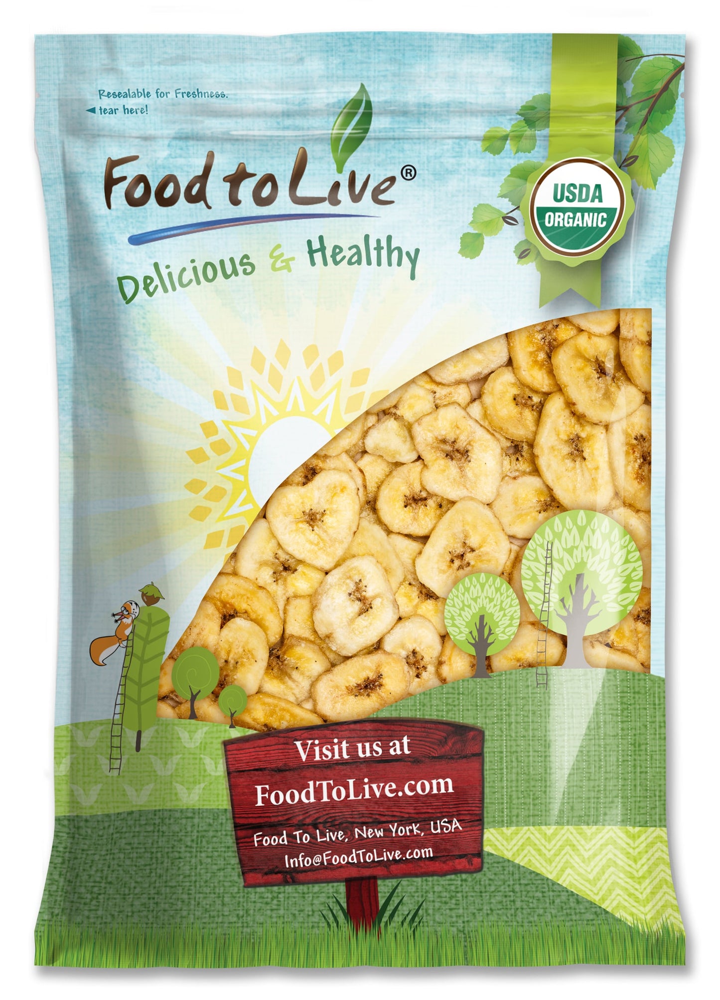 Organic Banana Chips — Sweetened, Unsulfured, Non-GMO, Kosher, Vegan, Bulk - by Food to Live