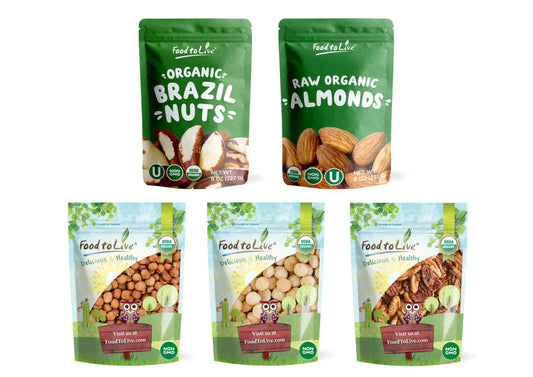 Organic Supreme Nuts in a Gift Box - A Variety Pack of Pecans, Macadamia Nuts, Almonds, Hazelnuts and Brazil Nuts - by Food to Live