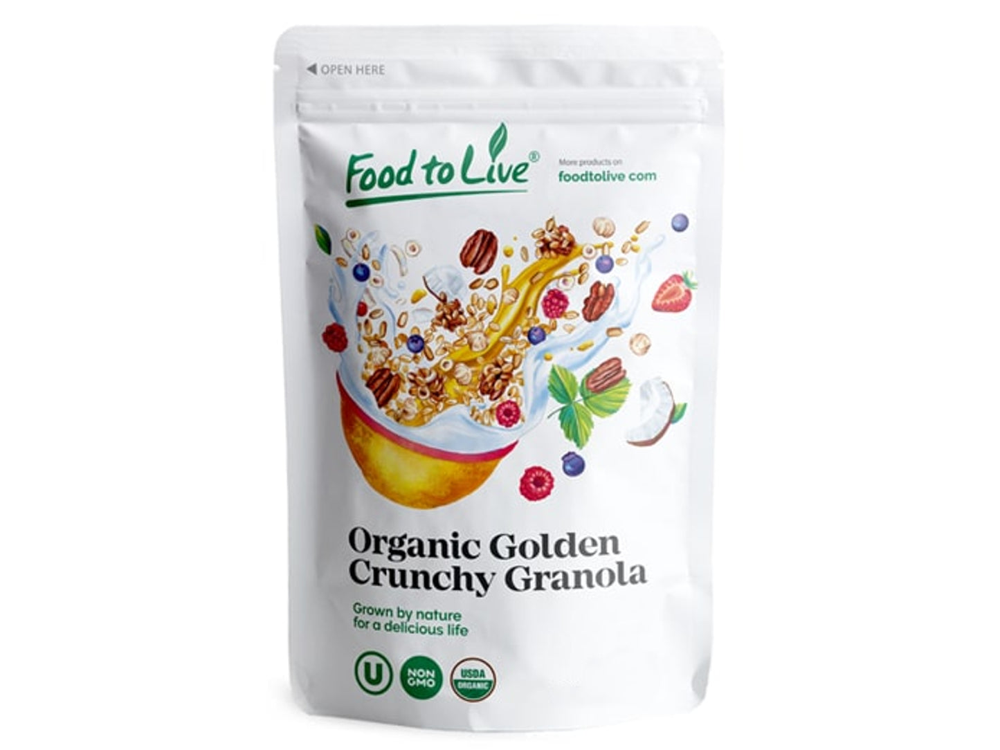 Organic Golden Crunchy Granola - Non-GMO, Kosher, Contains Hazelnuts, Pecan Nuts, Almonds, Coconut, Flax, Sunflower Seeds - by Food to Live