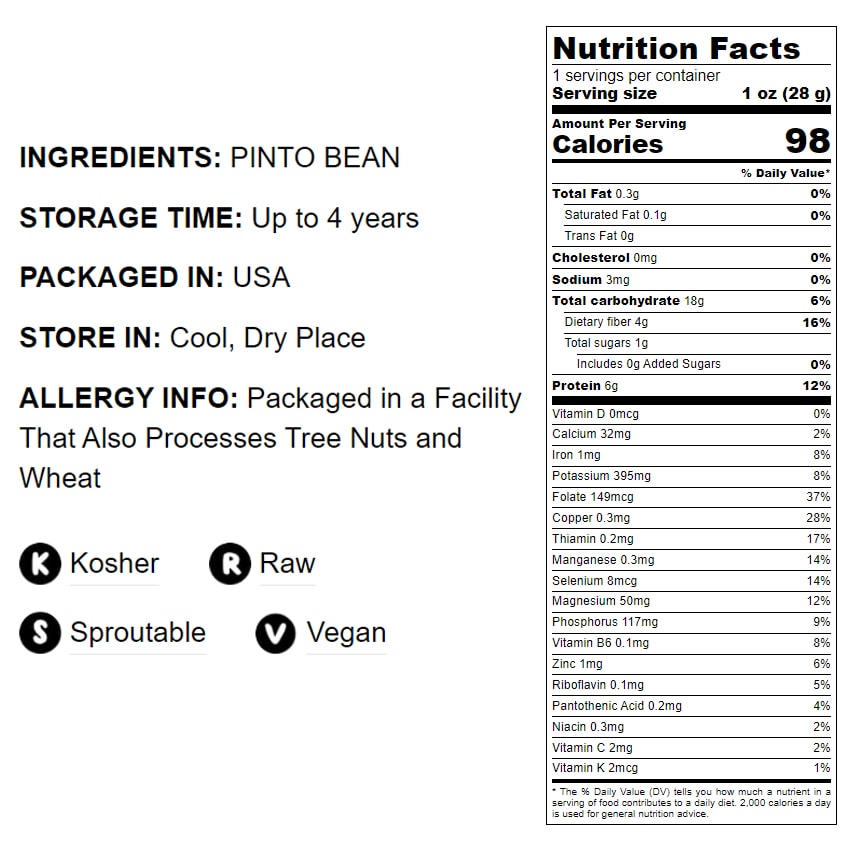 Pinto Beans — Non-GMO Verified, Raw, Dried, Vegan, Kosher, Bulk Frijol Seeds, Good Source of Protein, Fiber, Folate, Copper, and Thiamin. Low Sodium, Low Fat, Great for Cooking, Soups, Chili. Made in USA
