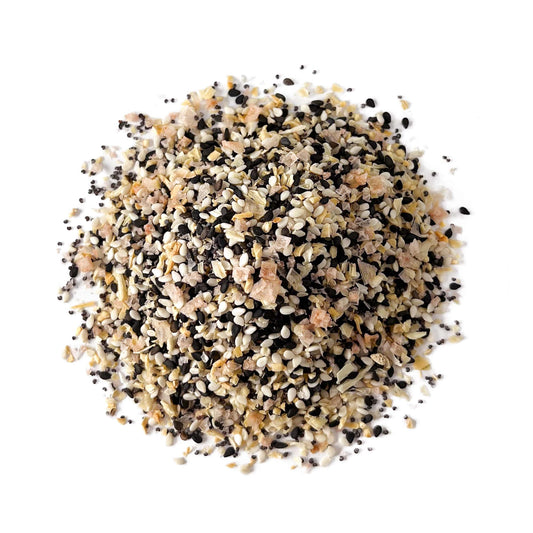 Everything Bagel Seasoning – A Blend of White and Black Sesame Seeds with Minced Garlic, Onion, and Himalayan Pink Salt Flakes. Great as a Topping and Baking Ingredient. Bulk Spice Mix