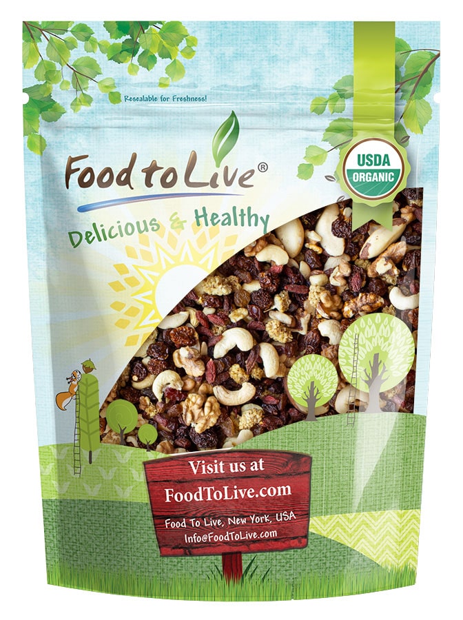 Organic Raw Super Nuts and Berries Trail Mix — Cashews,Walnuts,Brazil Nuts,Raisins,Mulberries,Golden Berries,Goji Berries - by Food to Live