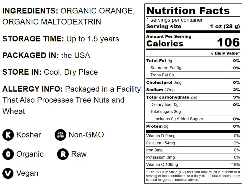 Organic Orange Powder — Non-GMO, Made from Raw Dried Citrus Fruit, Unsulfured, Vegan, Bulk, Great for Baking, Juices, Smoothies, Yogurts, and Instant Breakfast Drinks, No Sulphites