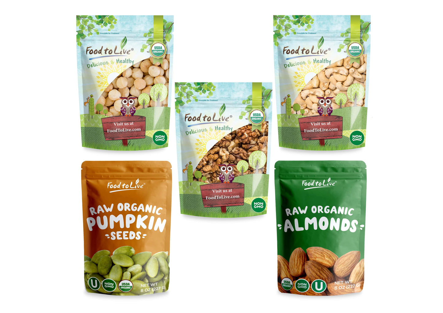Organic Healthy Nuts & Seeds in a Gift Box - A Variety Pack of Almonds, Walnuts, Cashews, Macadamia Nuts and Pumpkin Seeds -by Food to Live