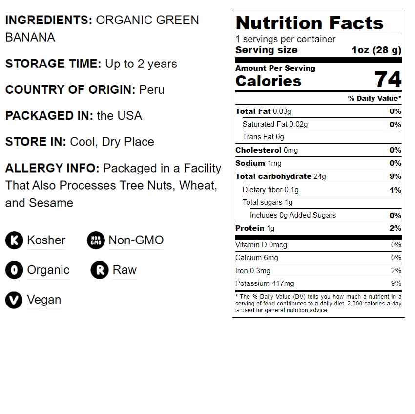 Organic Green Banana Powder - Non-GMO, Whole Fruit Flour, Finely Ground, Pure, No Sugar Added, Unsulfured, Vegan, Bulk. Good Source of Resistant Starch and Prebiotic Fiber. Great for Baking