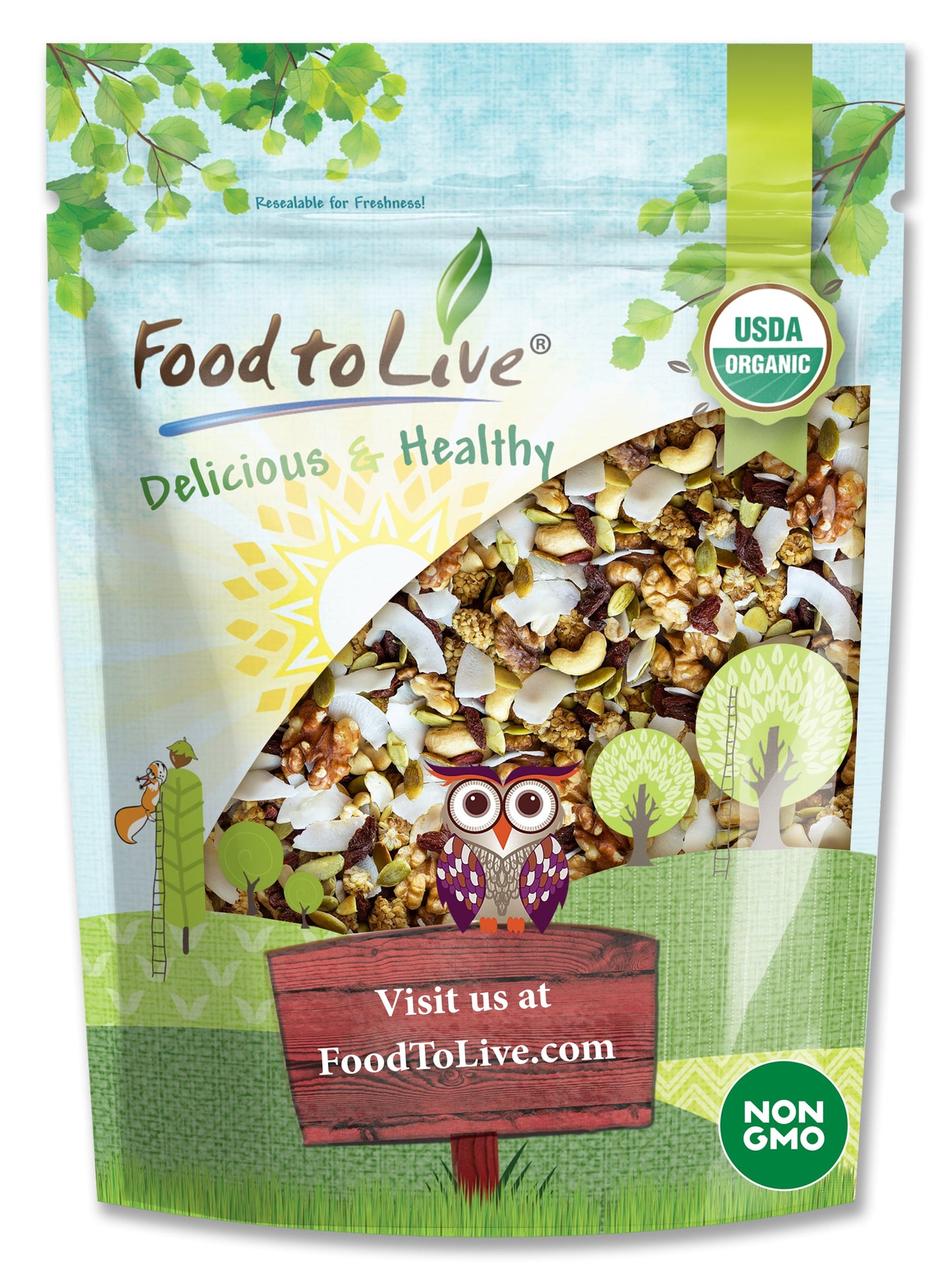 Organic Variety Trail Mix — Raw, Non-GMO Goji Berries, Coconut Chips, Mulberries, Cashews, Walnuts, Pumpkin Seeds. Kosher - by Food to Live